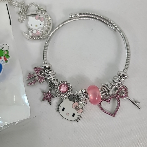 Hello Kitty Inspired Charm Bracelet Silver Pink Crystal Charm + Necklace - Picture 2 of 3